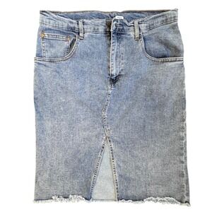 Indigo Rein Women Medium Wash Denim Front Slit Frayed Hem Midi Skirt 11/29